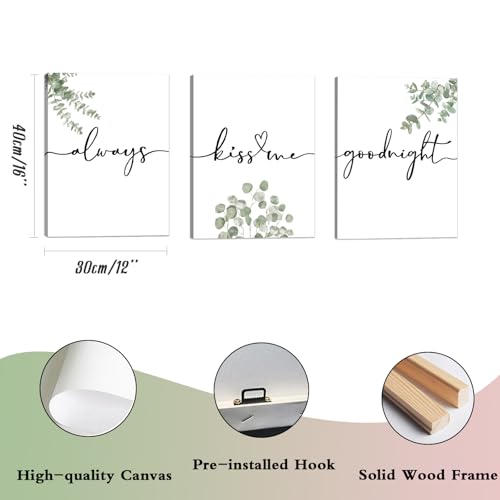 1 KINGO Always Kiss Me Goodnight Bedroom Wall Art: Set of 3 Boho Botanical Wall Decor Canvas Prints 12"x16", Sage Green Eucalyptus Pictures Decor Over The Bed for Farmhouse Master Bedroom - Image 3
