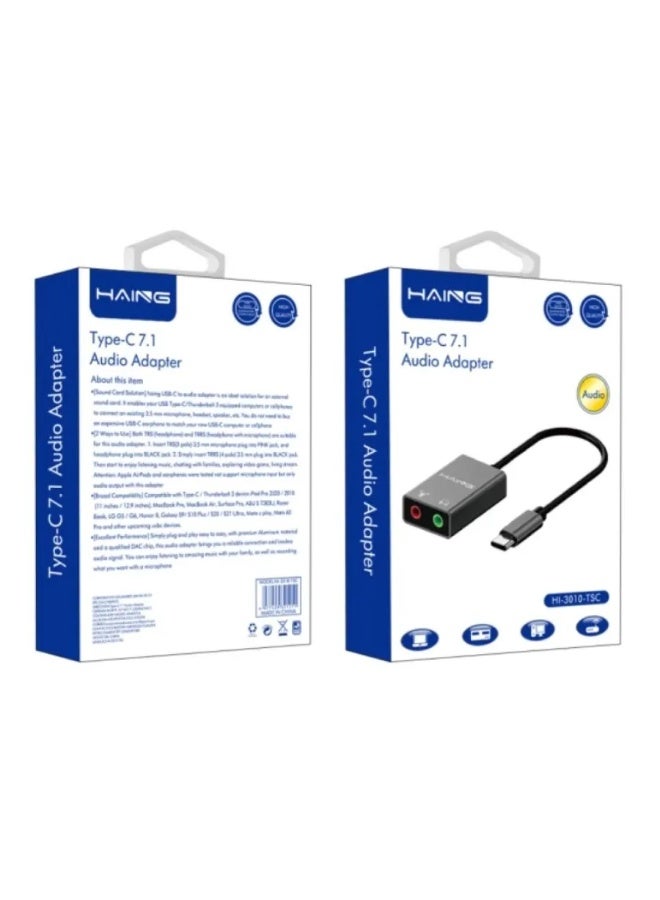 Haing Connects USB-C devices to headphones, microphones, or speakers equipped with a 3.5mm port.