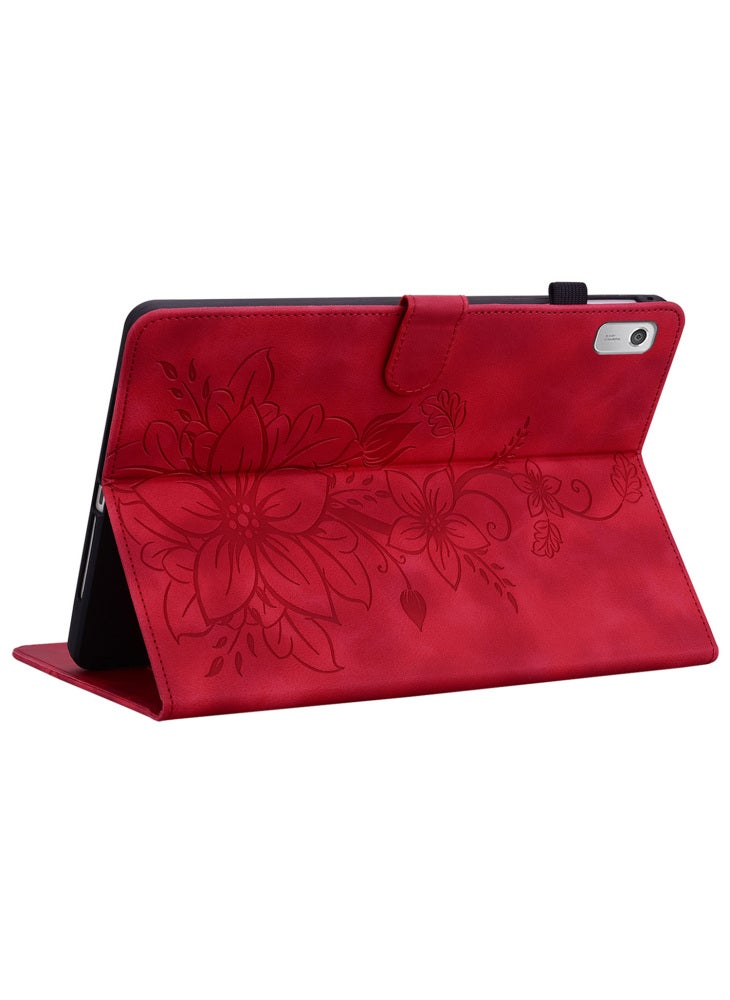 For Lenovo Tab M9 Case Imprinted Lily Flower PU Leather Card Slots Tablet Cover - Red - Image 4