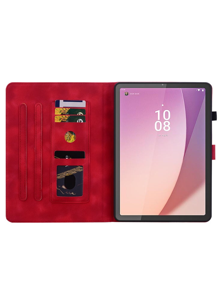 For Lenovo Tab M9 Case Imprinted Lily Flower PU Leather Card Slots Tablet Cover - Red - Image 2