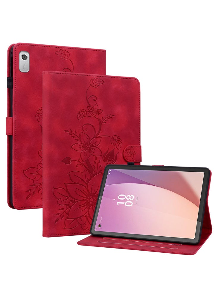 For Lenovo Tab M9 Case Imprinted Lily Flower PU Leather Card Slots Tablet Cover - Red - Image 1
