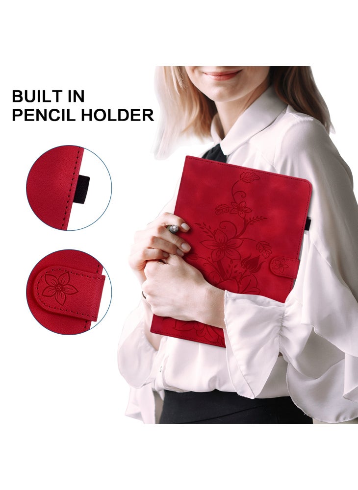 For Lenovo Tab M9 Case Imprinted Lily Flower PU Leather Card Slots Tablet Cover - Red - Image 5