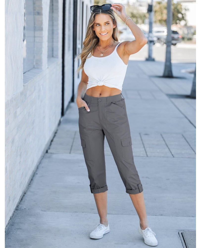 GRAPENT Womens Summer Outfits Elastic Waist Pants for Women Women Pants Casual Womenâ€™S Capris Grey Cargo Pants Woman Travel Utility Cargos High Waisted Color Dark Gray Large Size 12 Size 14 - Image 5
