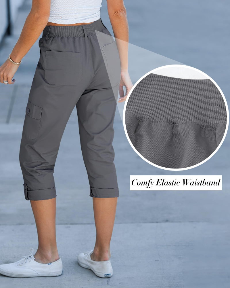 GRAPENT Womens Summer Outfits Elastic Waist Pants for Women Women Pants Casual Womenâ€™S Capris Grey Cargo Pants Woman Travel Utility Cargos High Waisted Color Dark Gray Large Size 12 Size 14 - Image 4