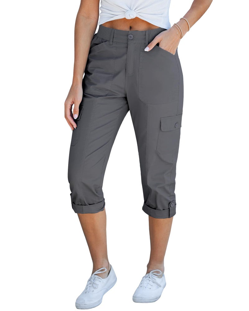 GRAPENT Womens Summer Outfits Elastic Waist Pants for Women Women Pants Casual Womenâ€™S Capris Grey Cargo Pants Woman Travel Utility Cargos High Waisted Color Dark Gray Large Size 12 Size 14 - Image 1