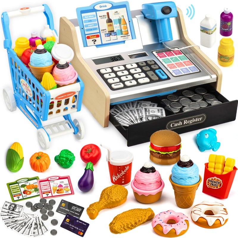 VROGTIK Wooden Cash Register for Kids with Shopping Cart Rechargeable Kid Cash Register with Scanner Gift for Kids Age 3 4 5 6 7 8 9 Year Old Pretend Play for Toddlers Toys for 312 Year Old Boys - Image 3