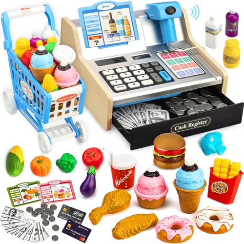 VROGTIK Wooden Cash Register for Kids with Shopping Cart Rechargeable Kid Cash Register with Scanner Gift for Kids Age 3 4 5 6 7 8 9 Year Old Pretend Play for Toddlers Toys for 312 Year Old Boys - Image 1