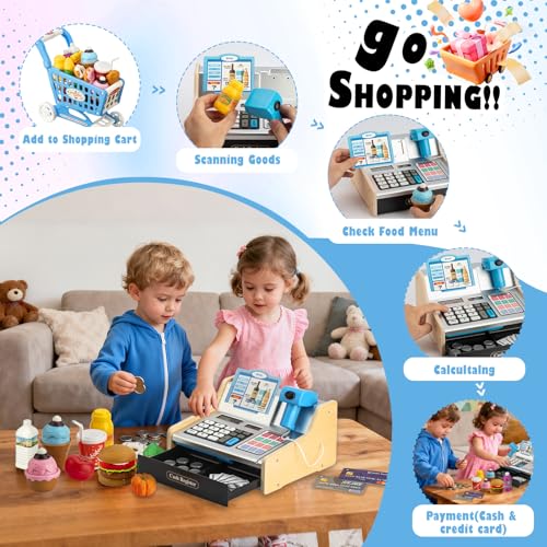 VROGTIK Wooden Cash Register for Kids with Shopping Cart Rechargeable Kid Cash Register with Scanner Gift for Kids Age 3 4 5 6 7 8 9 Year Old Pretend Play for Toddlers Toys for 312 Year Old Boys - Image 5