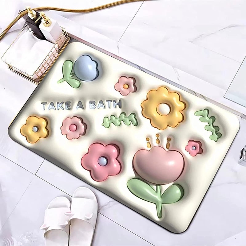 CLICKSWIFT 3D Print Anti Slip Floor Floral Bath Mat Happy Life Design NonSlip Bathroom Floor Mat White with Colourful Flowers 1Pcs 60 x 40 cm - Image 1
