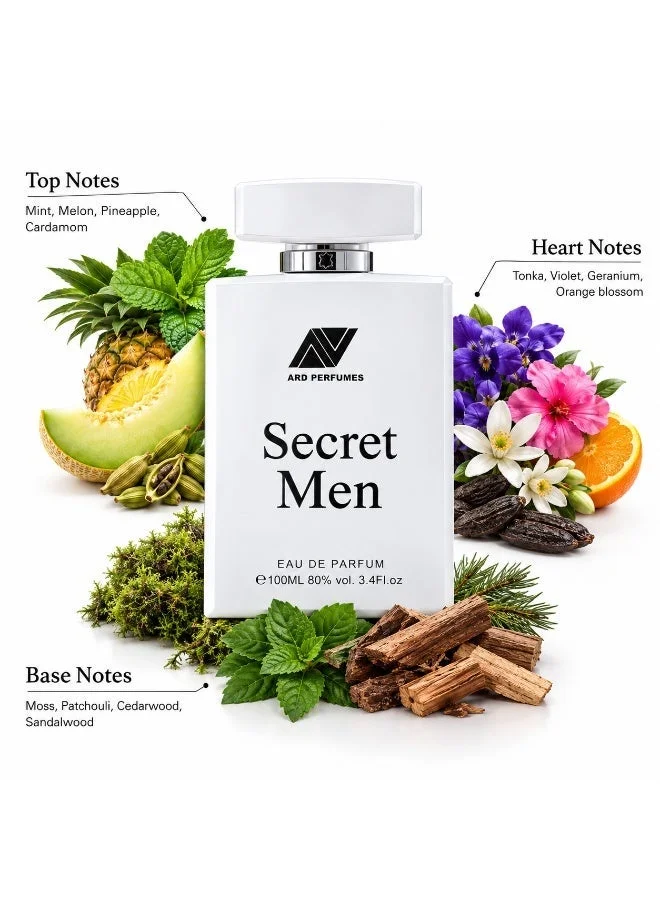 ارض العطور عطر ARD Perfumes سيكريت مين للرجال – او دو بارفان 100 مل، عطر انتعاشي طويل الثبات بنفحات النعناع والأناناس