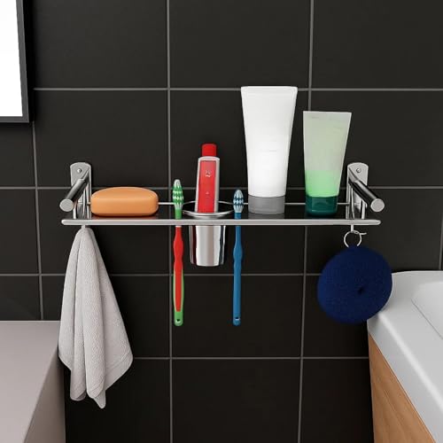 Well Set Stainless Steel 3-in-1 Bathroom Wall Shelf (X-Small) | Multipurpose Soap Holder with Toothbrush & Tumbler Stand and Hooks | Compact Wall Mounted Organizer Rack (Silver) - Image 1