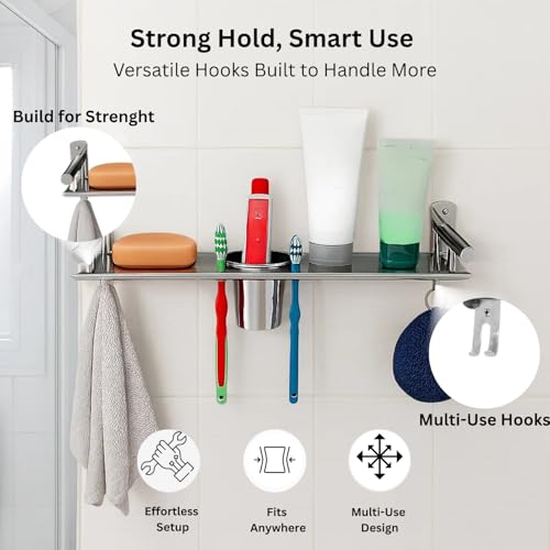 Well Set Stainless Steel 3-in-1 Bathroom Wall Shelf (X-Small) | Multipurpose Soap Holder with Toothbrush & Tumbler Stand and Hooks | Compact Wall Mounted Organizer Rack (Silver) - Image 4