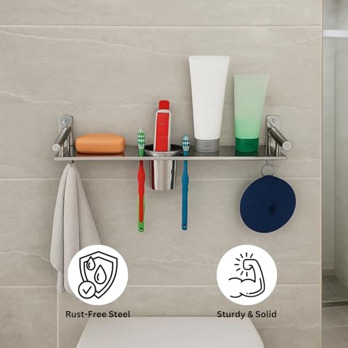 Well Set Stainless Steel 3-in-1 Bathroom Wall Shelf (X-Small) | Multipurpose Soap Holder with Toothbrush & Tumbler Stand and Hooks | Compact Wall Mounted Organizer Rack (Silver) - Image 5
