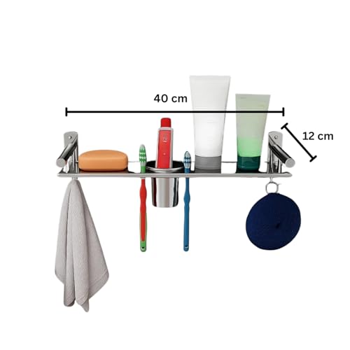 Well Set Stainless Steel 3-in-1 Bathroom Wall Shelf (X-Small) | Multipurpose Soap Holder with Toothbrush & Tumbler Stand and Hooks | Compact Wall Mounted Organizer Rack (Silver) - Image 2