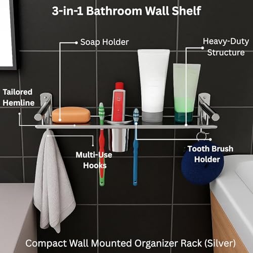 Well Set Stainless Steel 3-in-1 Bathroom Wall Shelf (X-Small) | Multipurpose Soap Holder with Toothbrush & Tumbler Stand and Hooks | Compact Wall Mounted Organizer Rack (Silver) - Image 3