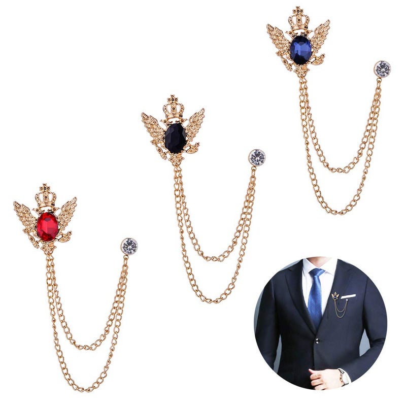 Huture 3PCS Mens Brooch Suit Pin Badge with Chains Buckle Chain Collar Lapel for Men Shirt Decoration Metal Clips Women Tuxedo Tie Hat Scarf