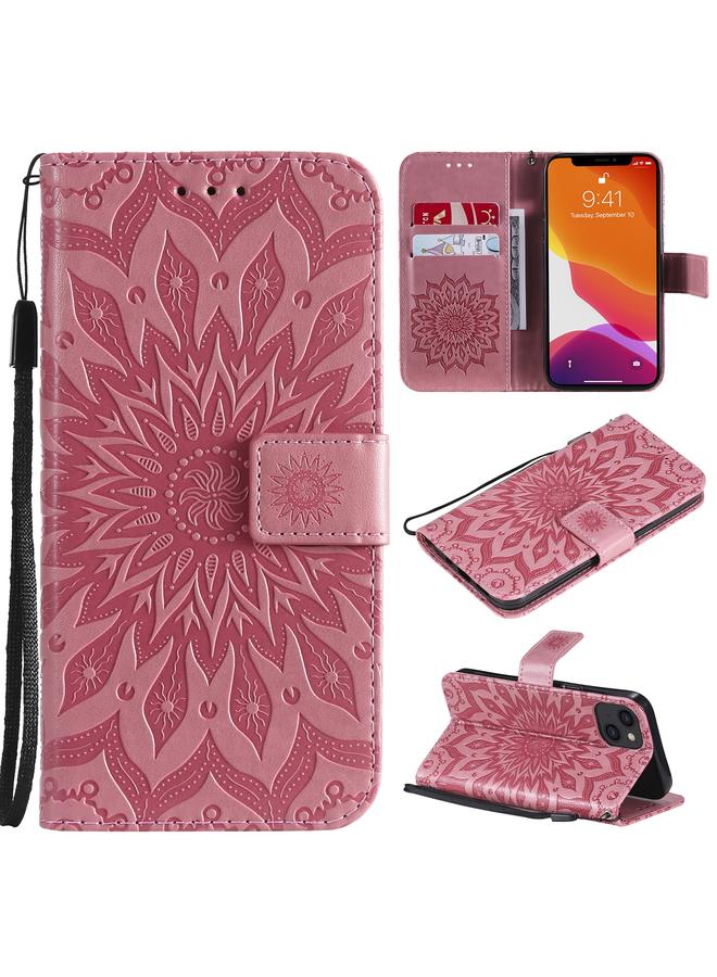 زبون جراب لهاتف iPhone 13 مطبوع عليه نقشة عباد الشمس، جراب من جلد البولي يوريثان قابل للطي أفقيًا مع حامل وفتحات للبطاقات ومحفظة وحبل تثبيت - Image 1