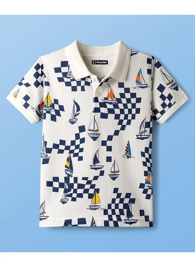 Pine Kids Pine Kids Cotton Knitted Polo T-Shirt with Boat Print - White