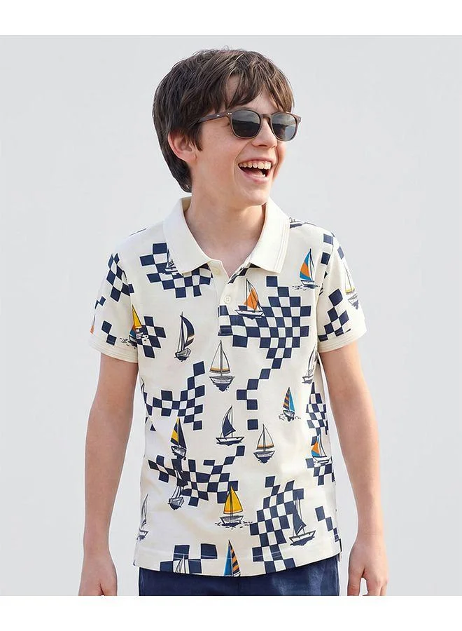 Pine Kids Pine Kids Cotton Knitted Polo T-Shirt with Boat Print - White