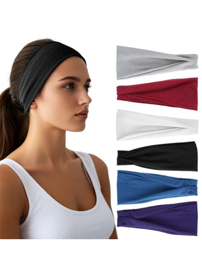 HSEM Headbands for Women 6 Pack Wide Elastic Hairbands UltraSoft Moisture Wicking Sports Headband NonSlip Accessories Bands for Fashion Dark Purple Dark Gray White Red Navy Black - Image 1