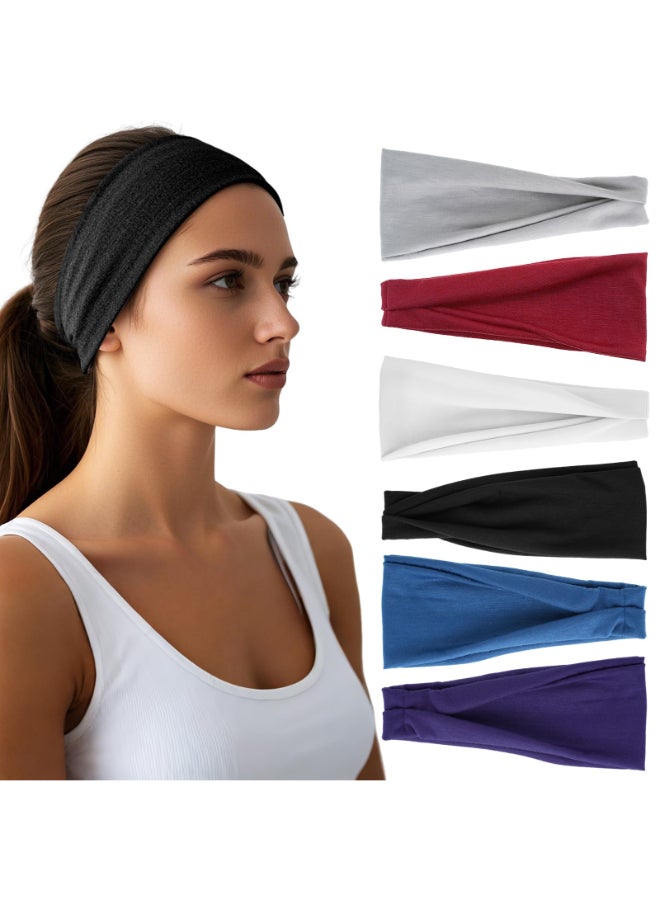 HSEM Headbands for Women 6 Pack Wide Elastic Hairbands UltraSoft Moisture Wicking Sports Headband NonSlip Accessories Bands for Fashion Dark Purple Dark Gray White Red Navy Black - Image 2