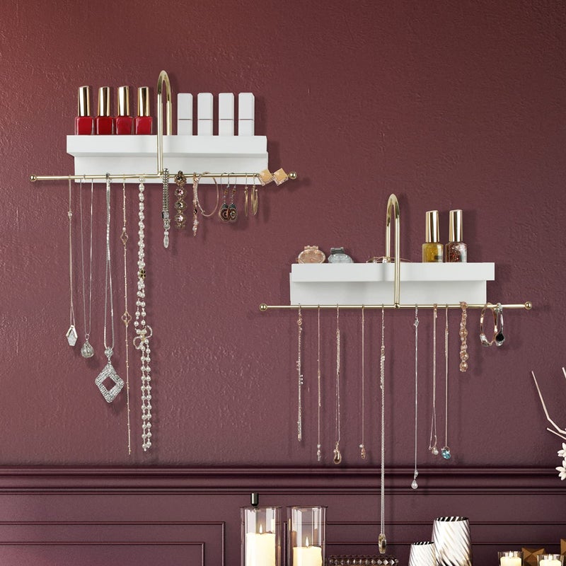 J JACKCUBE DESIGN Gold and White Wall Mounted Hanging Jewelry Organizer Holder Set of 2 for Necklaces, Rings, Bracelets and Earrings with White Display Shelf- MK692A - Image 2