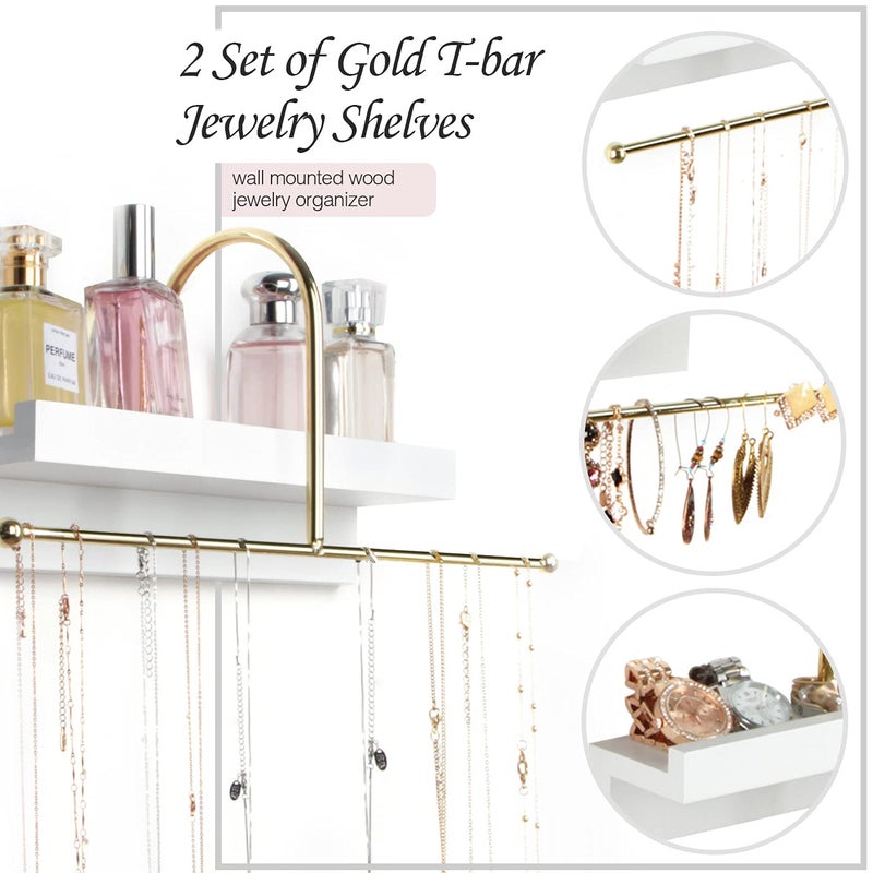 J JACKCUBE DESIGN Gold and White Wall Mounted Hanging Jewelry Organizer Holder Set of 2 for Necklaces, Rings, Bracelets and Earrings with White Display Shelf- MK692A - Image 3
