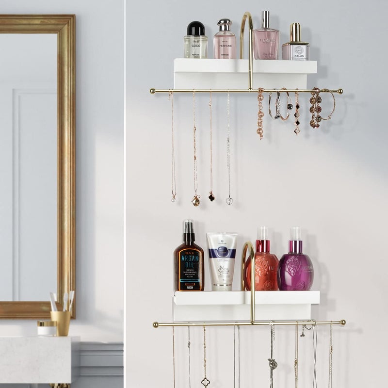 J JACKCUBE DESIGN Gold and White Wall Mounted Hanging Jewelry Organizer Holder Set of 2 for Necklaces, Rings, Bracelets and Earrings with White Display Shelf- MK692A - Image 5