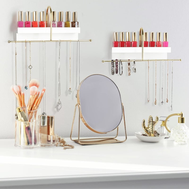 J JACKCUBE DESIGN Gold and White Wall Mounted Hanging Jewelry Organizer Holder Set of 2 for Necklaces, Rings, Bracelets and Earrings with White Display Shelf- MK692A - Image 4