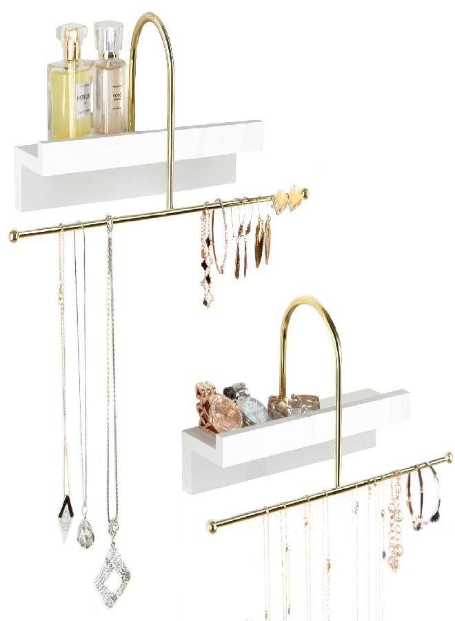 J JACKCUBE DESIGN J JACKCUBE DESIGN Gold and White Wall Mounted Hanging Jewelry Organizer Holder Set of 2 for Necklaces, Rings, Bracelets and Earrings with White Display Shelf- MK692A - Image 4