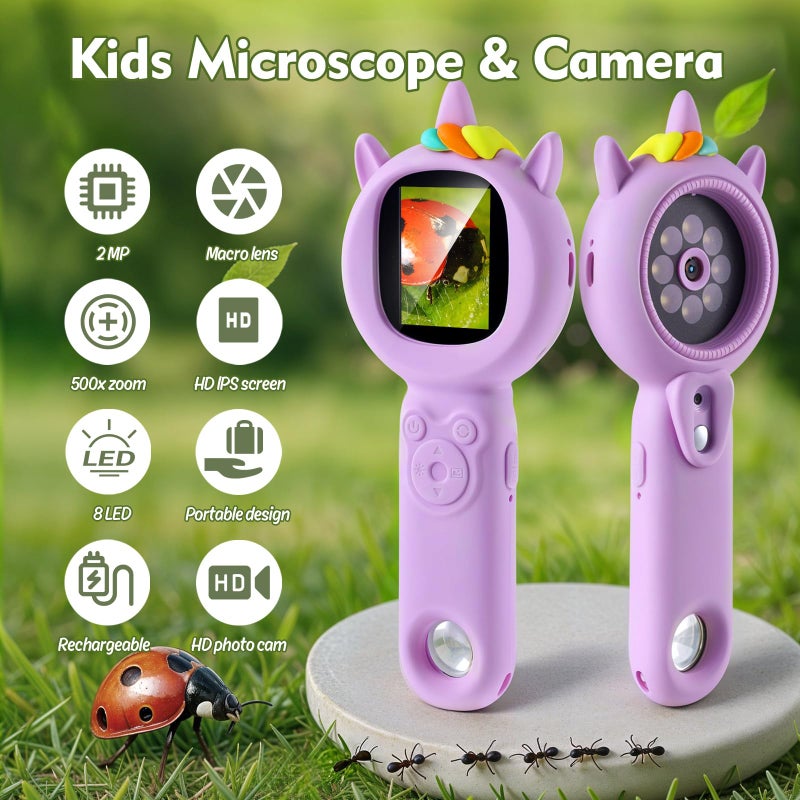 FHskFH Kids Microscope- 500x Magnification,16X Zoom,Handheld Microscope for Kids with HD Cam,Portable Science Learning Tool,Christmas Birthday Gifts for Boys Girls Aged 3-12 (Purple) - Image 2