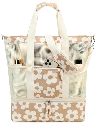 Bluboon Mesh Beach Tote Bag with Cooler Compartment Insulated Detachable Picnic Bag with Zipper and Pocket Pool Bag for Women ABig Flower 157 - Image 1