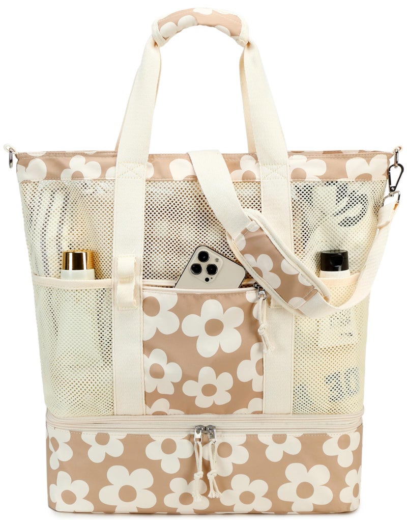 Bluboon Mesh Beach Tote Bag with Cooler Compartment Insulated Detachable Picnic Bag with Zipper and Pocket Pool Bag for Women ABig Flower 157 - Image 2