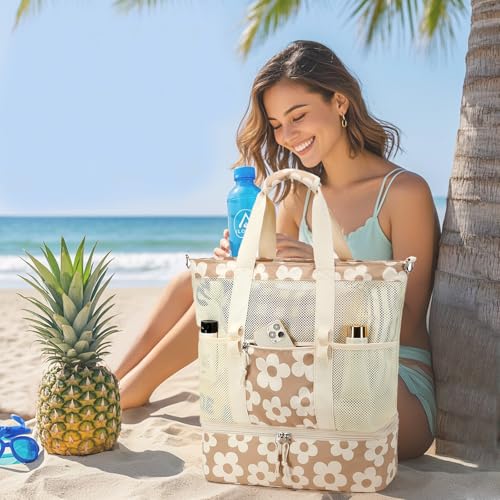 Bluboon Mesh Beach Tote Bag with Cooler Compartment Insulated Detachable Picnic Bag with Zipper and Pocket Pool Bag for Women ABig Flower 157 - Image 3