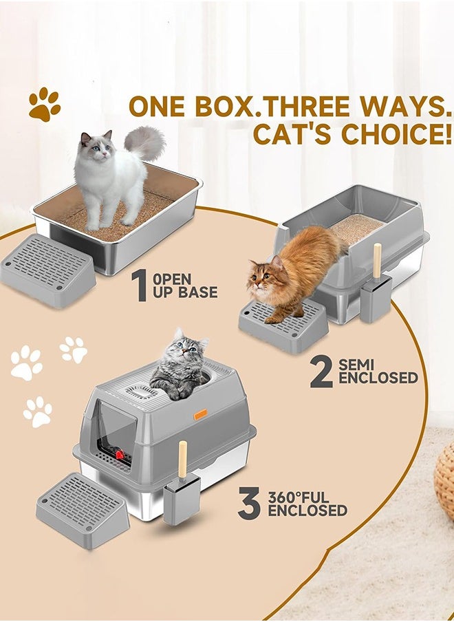 Stainless Steel Cat Litter Box with Lid, Extra Large Enclosed Hign-Sided Litter Box with Removable Lid, Odor Free, Easy Cleaning, Non-Sticky, Anti-Urine Leakage, for Big Cats/Multiples(Gray)