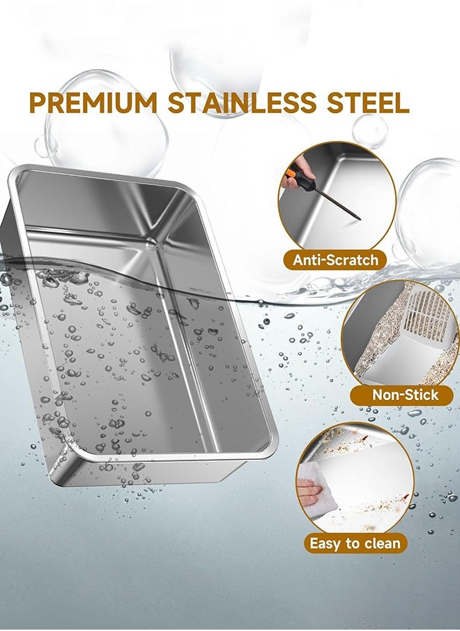 Stainless Steel Cat Litter Box with Lid, Extra Large Enclosed Hign-Sided Litter Box with Removable Lid, Odor Free, Easy Cleaning, Non-Sticky, Anti-Urine Leakage, for Big Cats/Multiples(Gray)