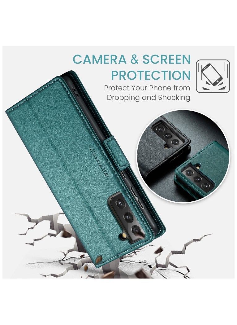 CaseMe - Flip Wallet Case For Samsung Galaxy S21 Fe [RFID Blocking] PU Leather Wallet Flip Folio Case with Card Holder Kickstand Shockproof Phone Cover (Green) - Image 1