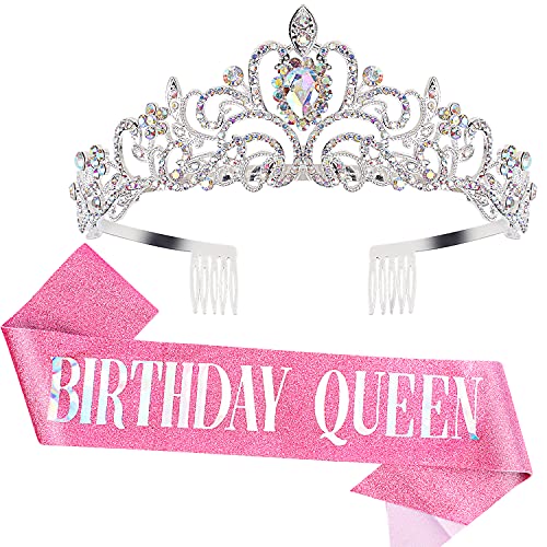 COCIDE Birthday Silver Tiara and Crowns for Women Sash for Girls Pink Birthday Decorations Set Rhinestone Headband Hair Accessories Glitter Sash for Party - Image 1