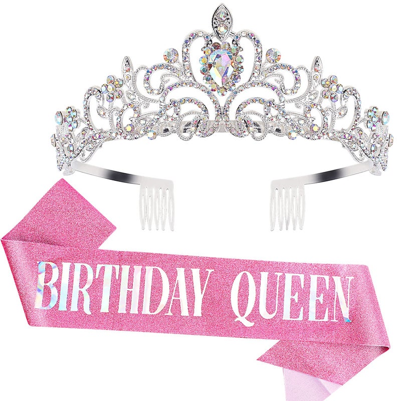 COCIDE Birthday Silver Tiara and Crowns for Women Sash for Girls Pink Birthday Decorations Set Rhinestone Headband Hair Accessories Glitter Sash for Party - Image 2