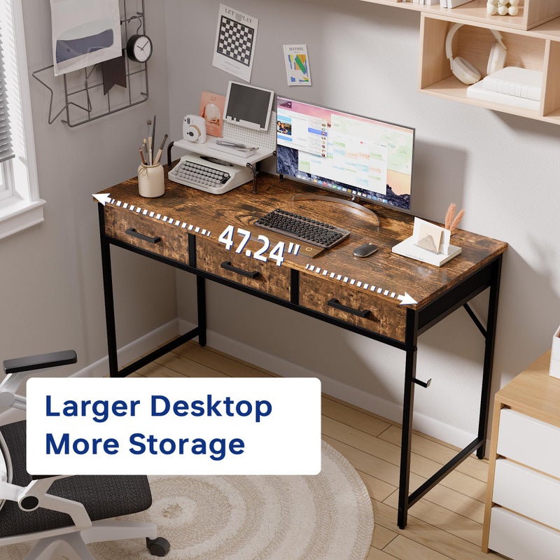 Pamray 47 Inch Small Computer Desk with 3 Drawers for Bedroom Study Writing Home Office Table for Small Spaces Vintage - Image 3