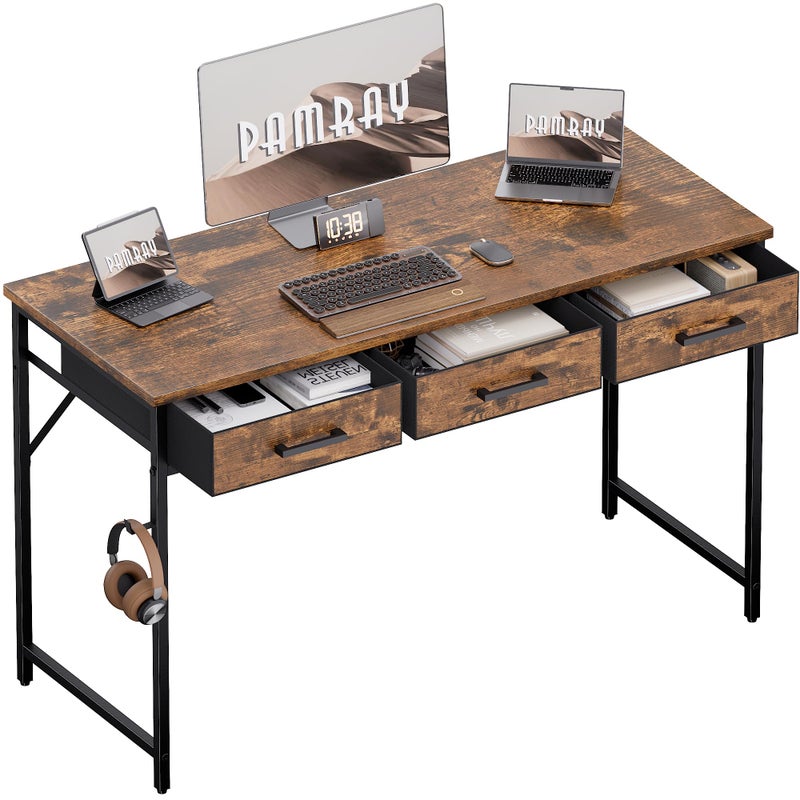Pamray 47 Inch Small Computer Desk with 3 Drawers for Bedroom Study Writing Home Office Table for Small Spaces Vintage - Image 1