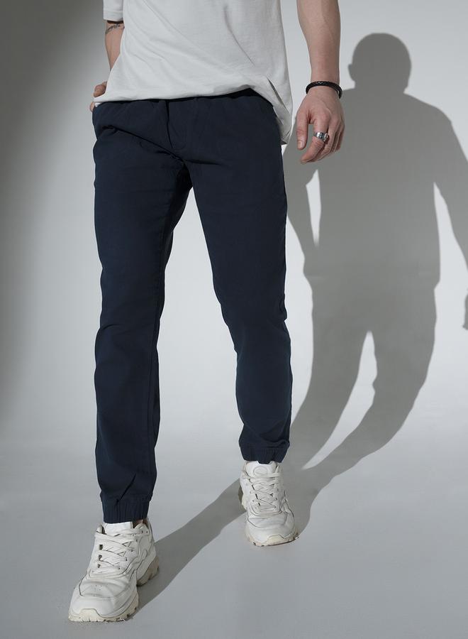Hubberholme Men's Navy Cotton Solid Pattern Full Length Chinos Slim Fit Jogger - Image 2