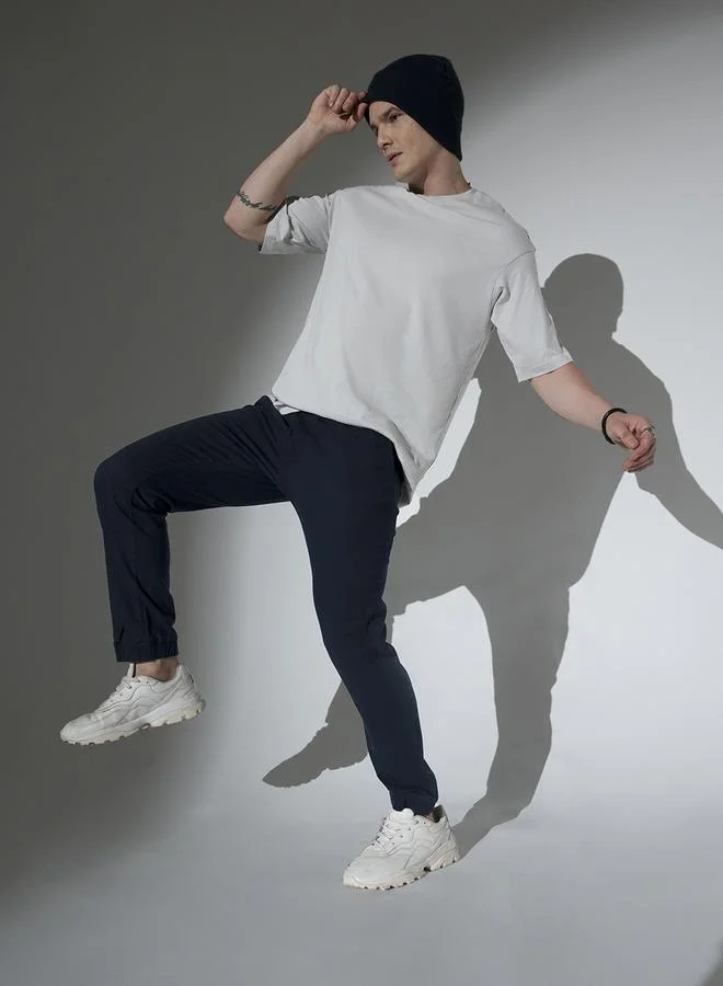 Hubberholme Men's Navy Cotton Solid Pattern Full Length Chinos Slim Fit Jogger