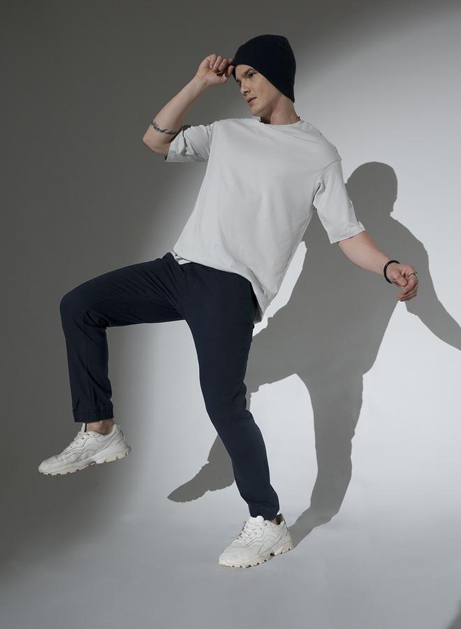 Hubberholme Men's Navy Cotton Solid Pattern Full Length Chinos Slim Fit Jogger - Image 1