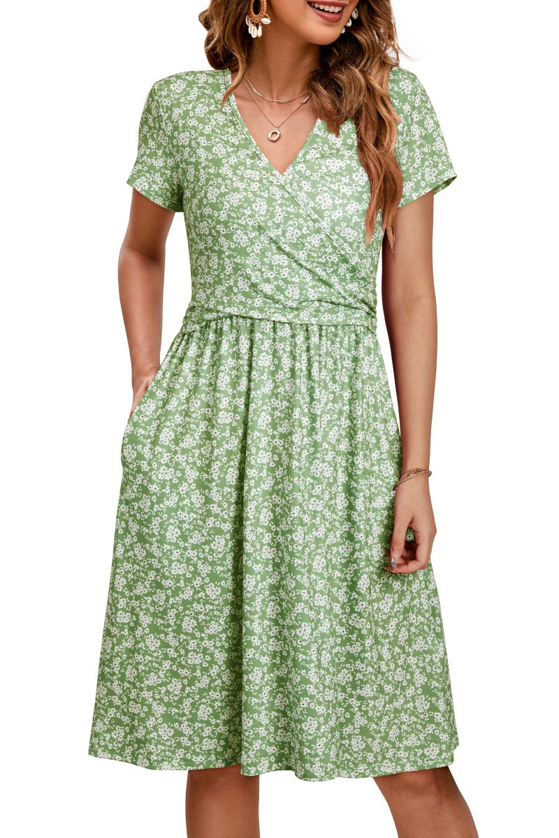 OUGES Maternity Nursing Dress Breastfeeding Short Sleeve V Neck Casual Pregnancy Postpartum Dress Pockets(Floral I,M) - Image 1