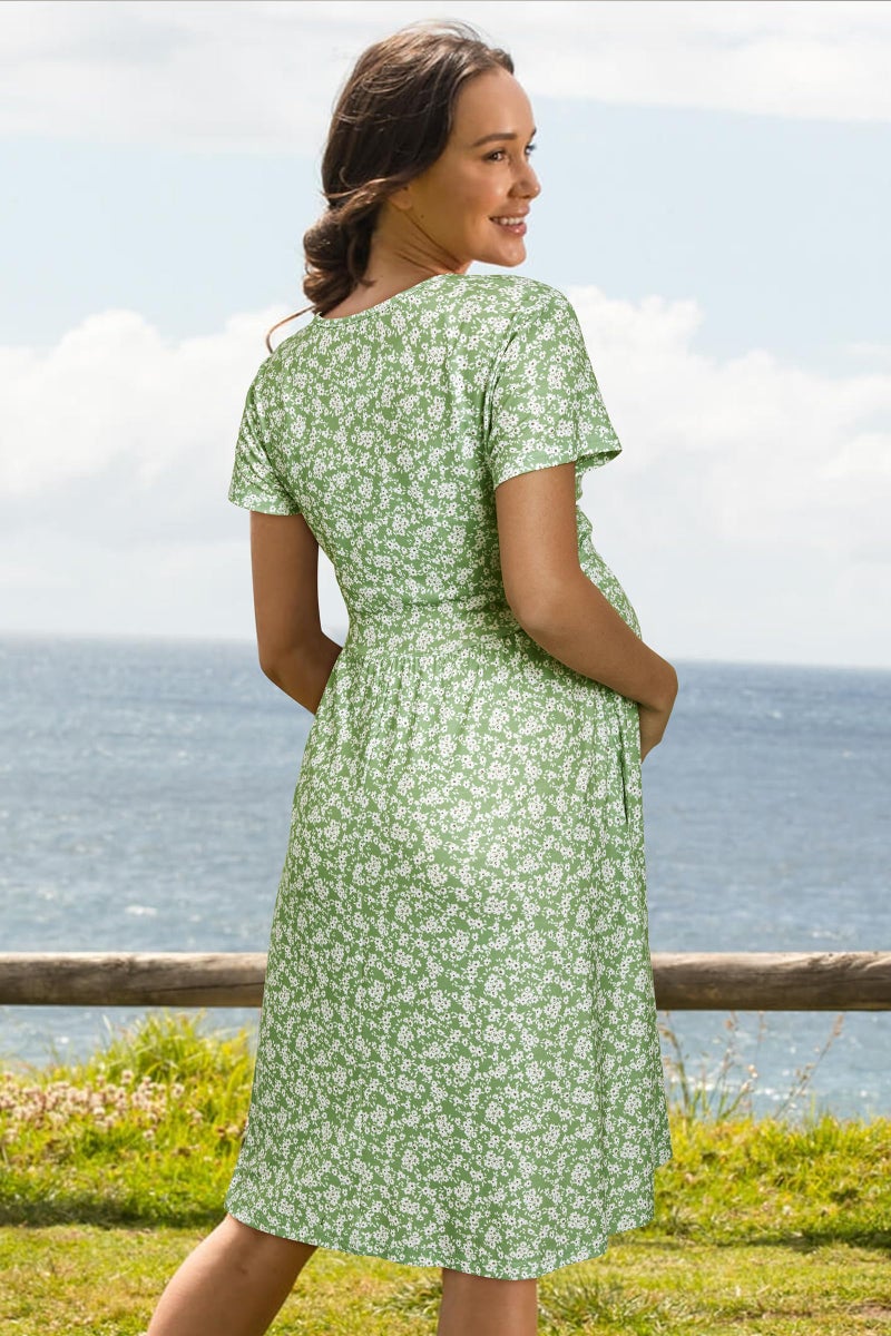 OUGES Maternity Nursing Dress Breastfeeding Short Sleeve V Neck Casual Pregnancy Postpartum Dress Pockets(Floral I,M) - Image 4