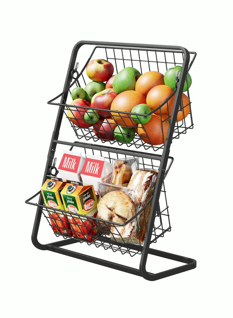 2 Tier Fruit Basket Countertop Fruit Vegetable Basket Bowl for Kitchen Counter Metal Mesh Basket Fruits Stand Produce Holder Organizer for Onion Potato Bread Snack Veggie Black 37x28 cm - Image 1