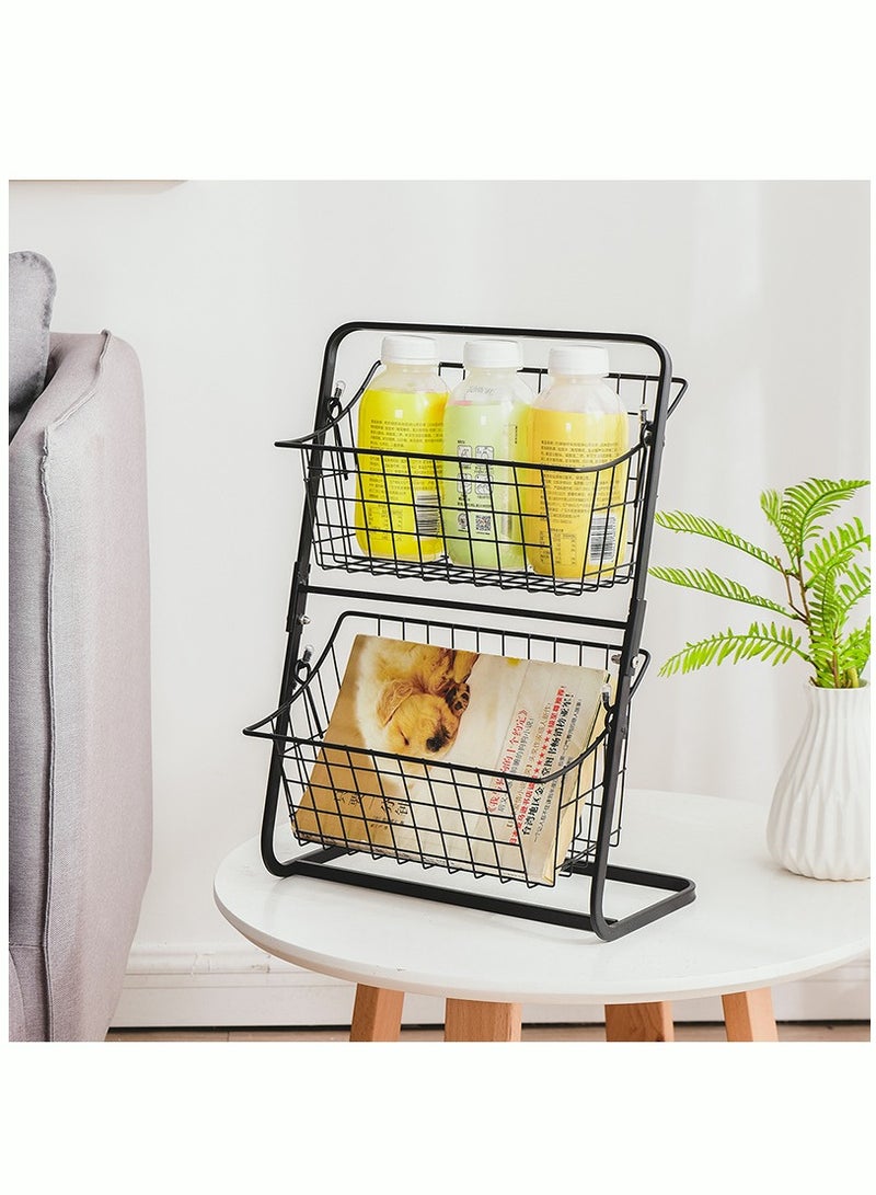 2 Tier Fruit Basket Countertop Fruit Vegetable Basket Bowl for Kitchen Counter Metal Mesh Basket Fruits Stand Produce Holder Organizer for Onion Potato Bread Snack Veggie Black 37x28 cm - Image 3