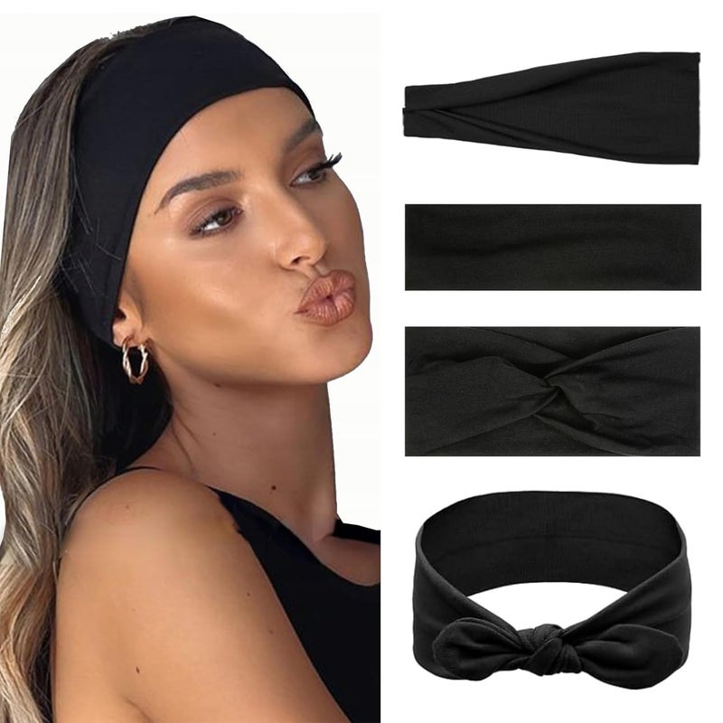 أربطة رأس هيواتشي السوداء للنساء غير قابلة للانزلاق 4 عبوات أربطة رأس مرنة لشعر النساء مجموعة واحدة أنماط متعددة إكسسوارات شعر عصرية مصنوعة من قماش ناعم للتمارين الرياضية في صالة الألعاب الرياضية واليوغا