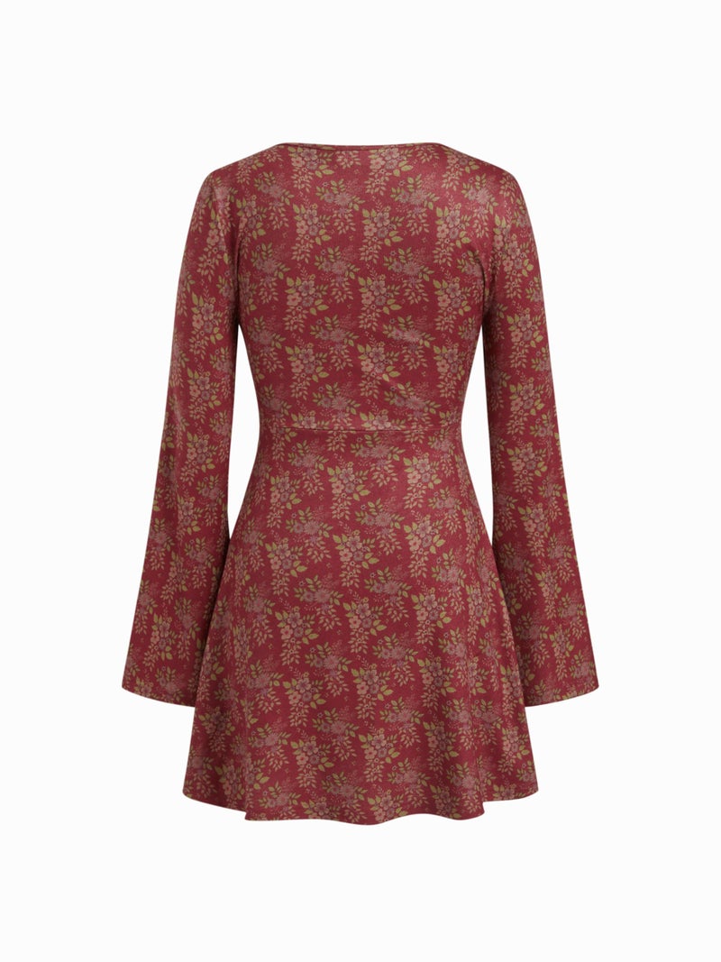 CIDER Floral Print Mini Dress Long Sleeve V Neck Ruched Bodycon Dresses - Image 4